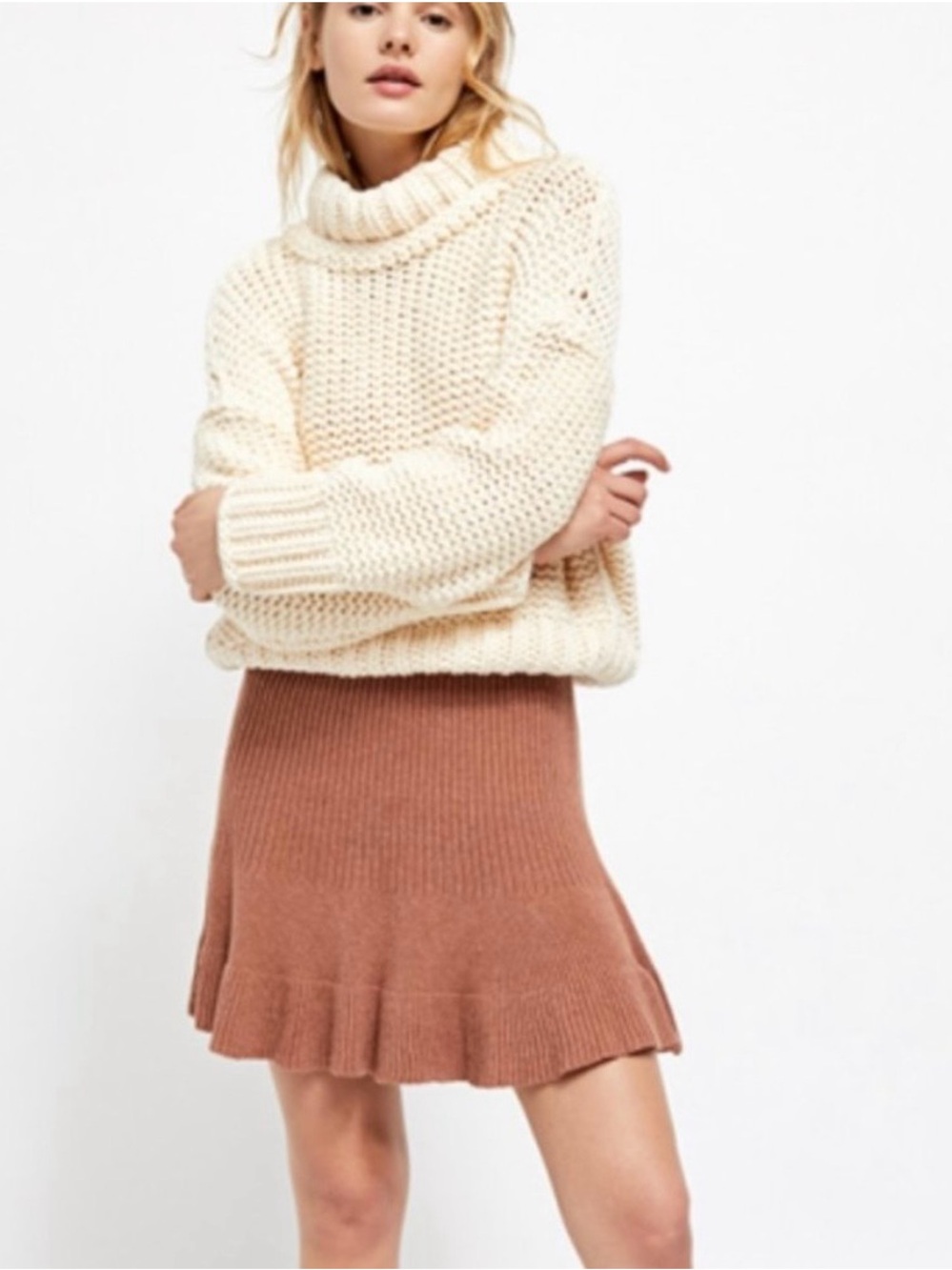 Free People Cocoa Heather Solid Gold Ribbed Flounced Hem Sweater Skirt Size XL